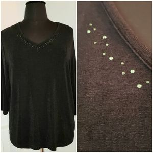 Kathy Ireland Plus 1X black jersey top green jewel